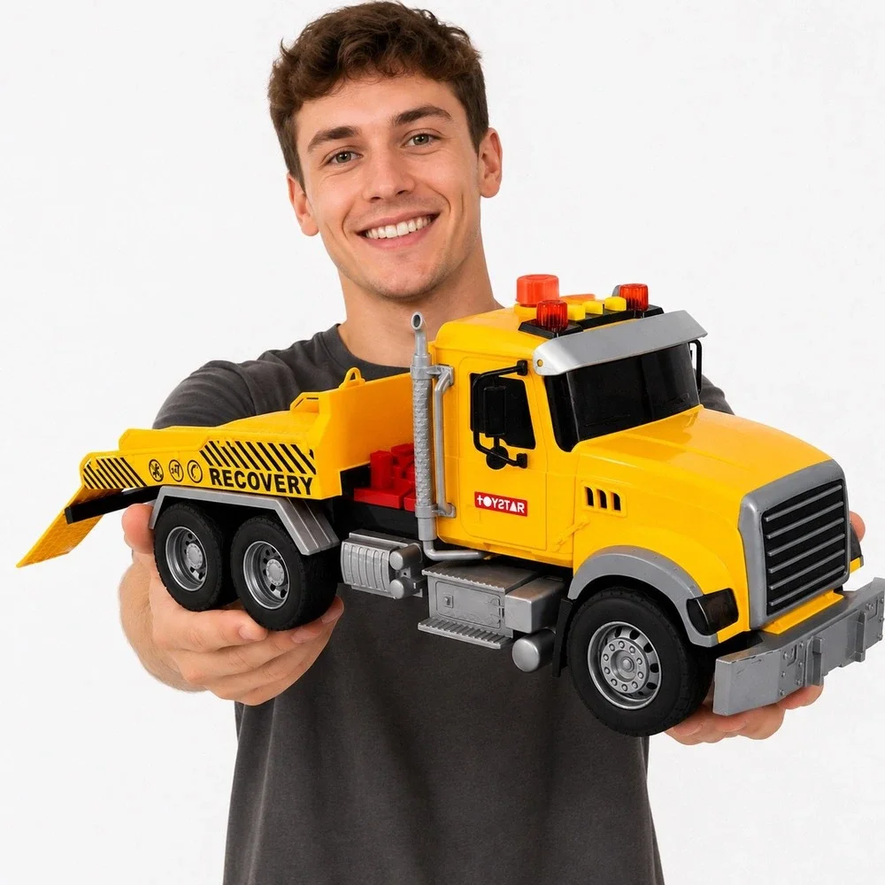 Large Toy Recovery Tow Truck Flatbed 6-Wheel Vehicle Lights Untested